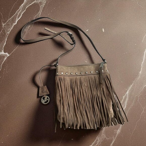 MICHAEL KORS Taupe Suede Fringe Crossbody Bag - Picture 1 of 16